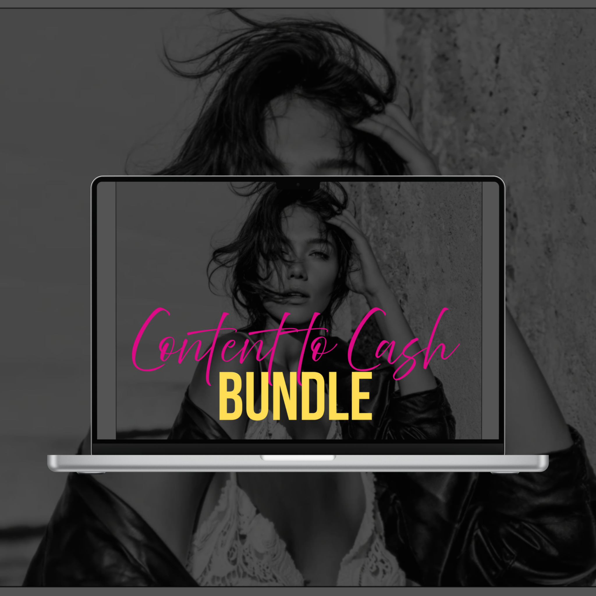 Laptop displaying 'Content to Cash Bundle' with a person in the background