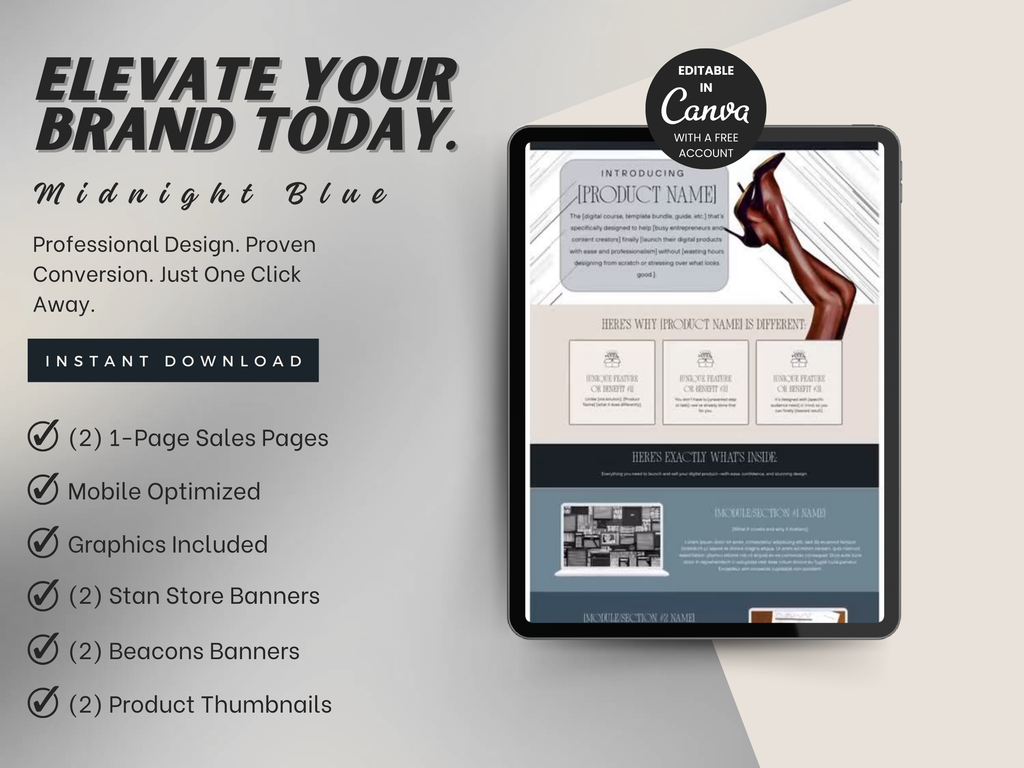 Midnight Blue Canva Sales Page Template | Stan Store & Beacons (Digital Download)