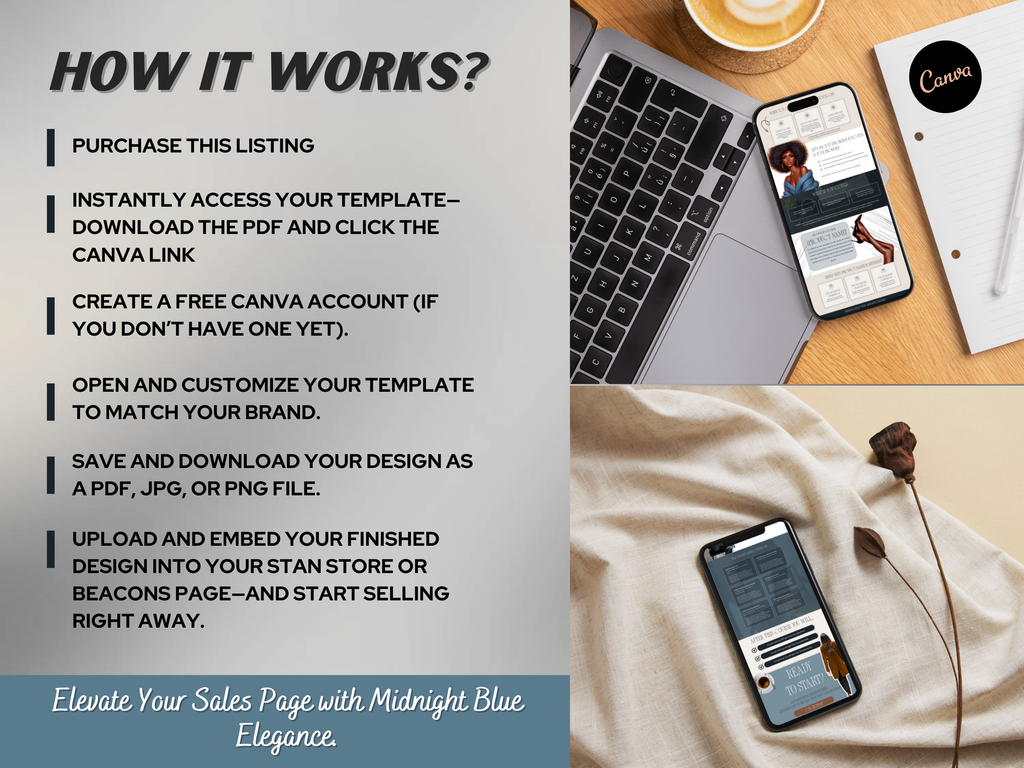 Midnight Blue Canva Sales Page Template | Stan Store & Beacons (Digital Download)