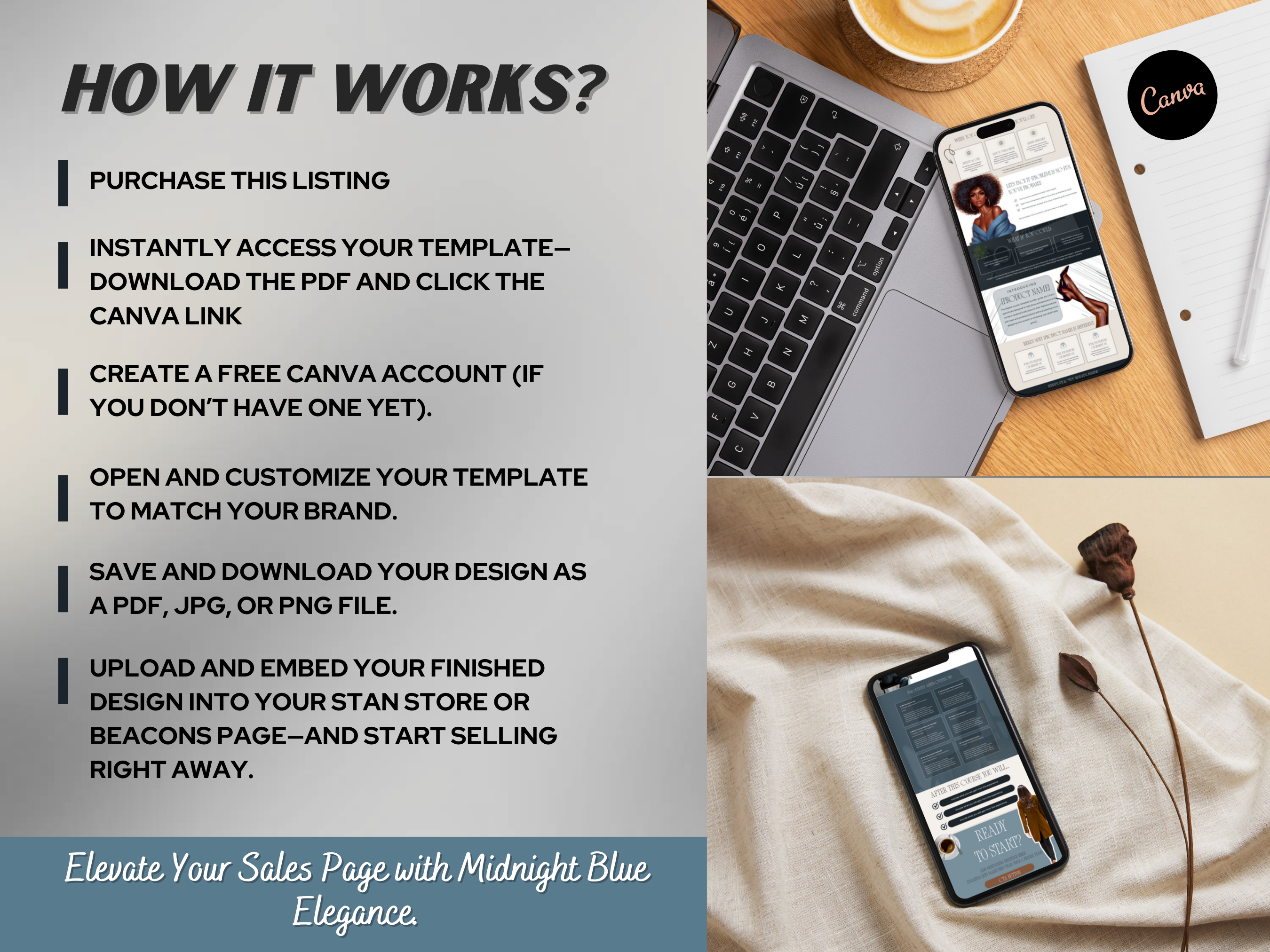 Midnight Blue Canva Sales Page Template | Stan Store & Beacons (Digital Download)
